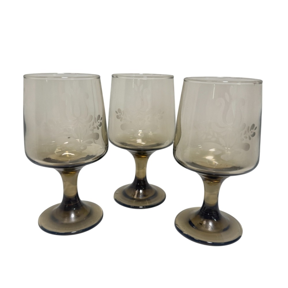Pfaltzgraff Village Etched Smoky Brown Glass Water Goblets Set of 3 Vintage USA